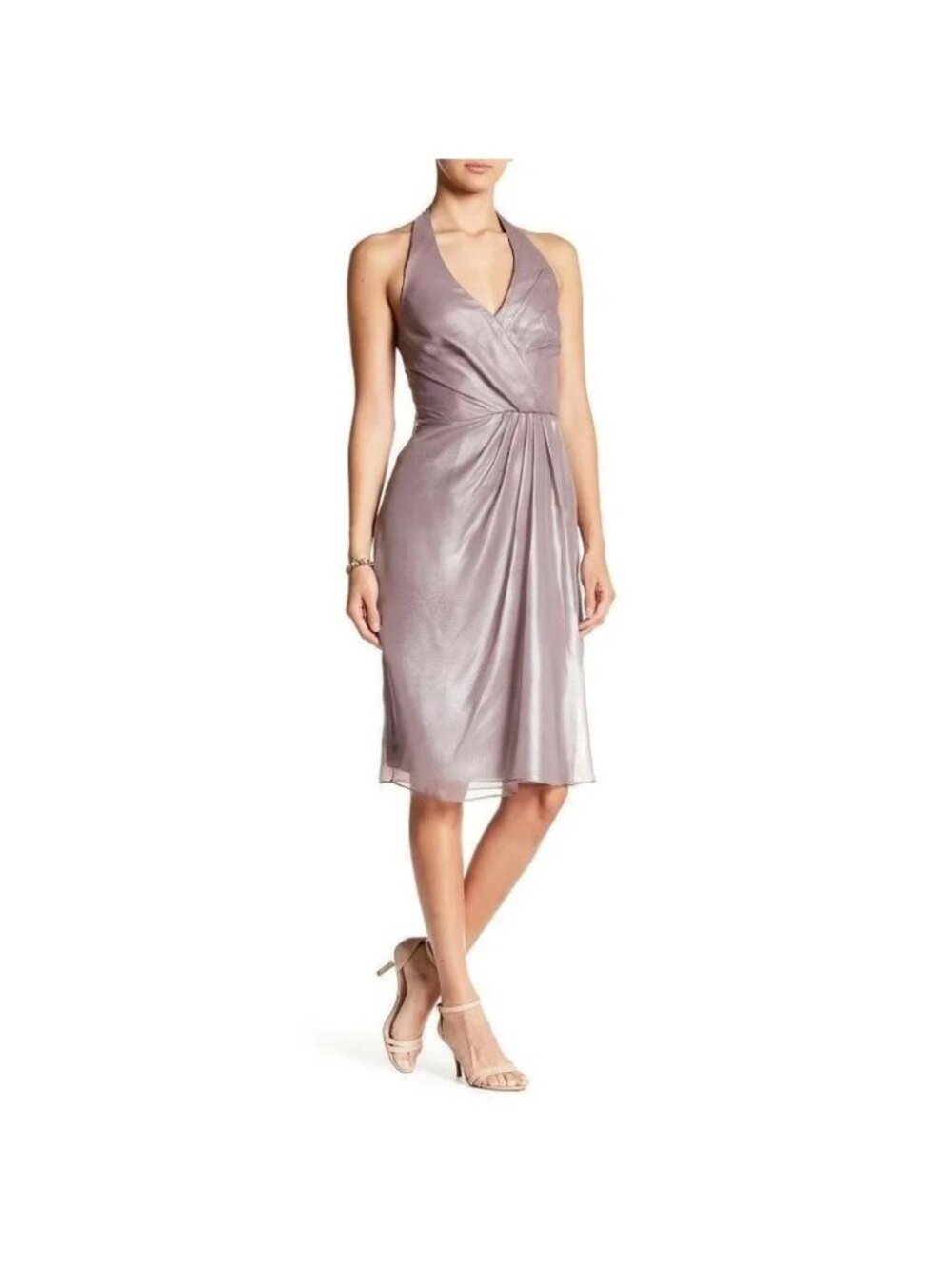 🆕 VERA WANG Metallic Chiffon Halter Cocktail Dress 4